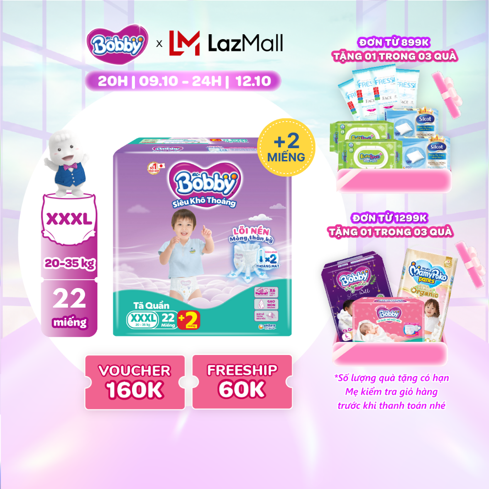 [CHỈ 20H 09-12/10 QT Đơn 899K/1199K][Số miếng tặng thay đổi tùy đợt nhập hàng] Tã/bỉm quần Bobby 3mm Jumbo Gạo non Giảm nhiệt XXXL22