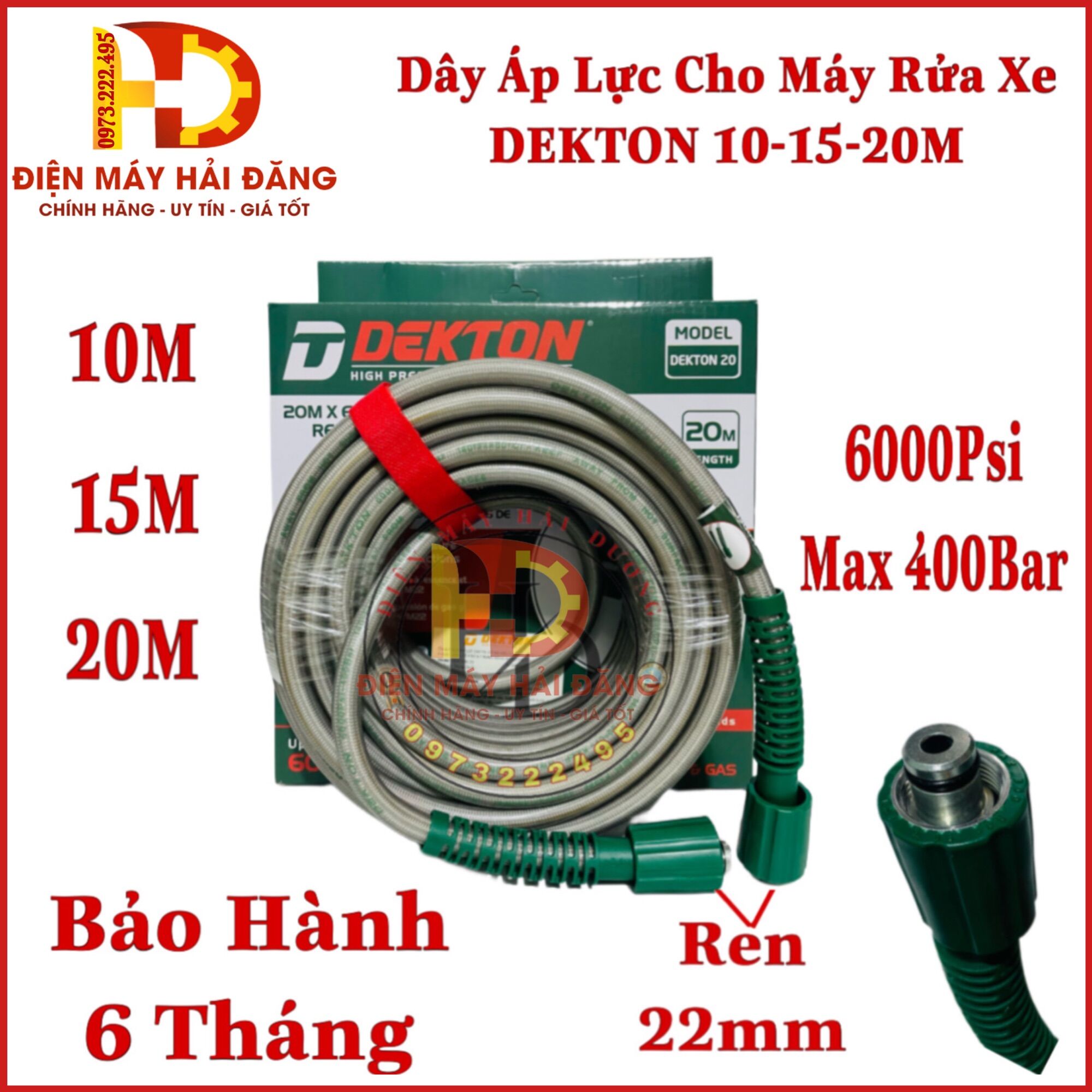 Dây áp lực cho máy rửa xe. dekton 10-15-20m. chịu áp đến 6000psi . bh 12t