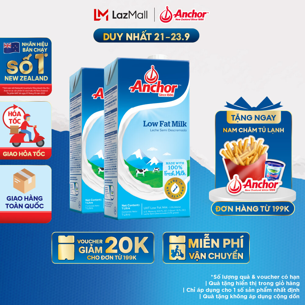 [GIAO HÀNG HỎA TỐC - HCM] Combo 2 Sữa Tươi Tiệt Trùng Anchor Ít Béo Hộp 1 Lít