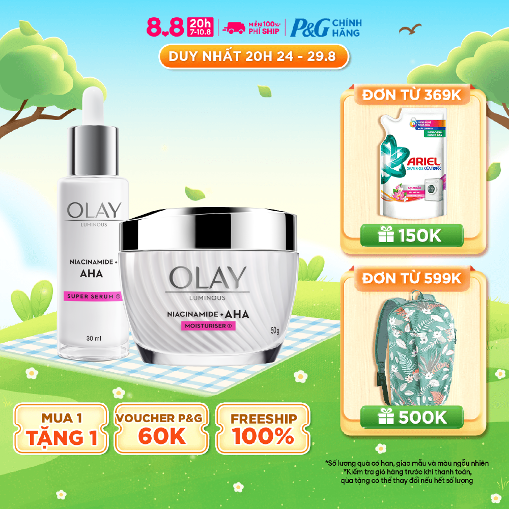 Combo 2: kem dưỡng ẩm + super serum sáng da, mờ thâm mụn olay luminous niacinamide aha
