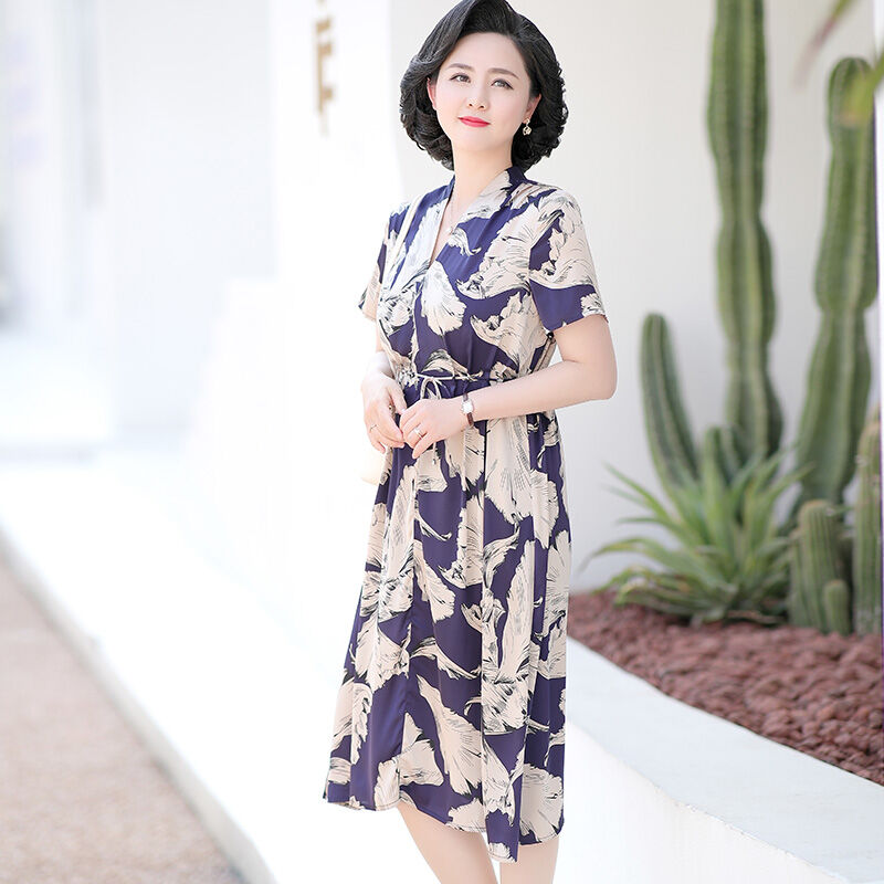 Áo Dài Dài Vừa Dài Thời Trang Dành Cho Phụ Nữ Già Mùa Hè Phong Cách Sang Trọng Có Thắt Lưng Áo Polyester Duoyeree