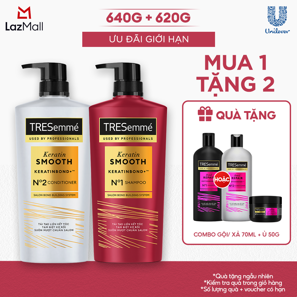 Combo Dầu Gội Và Dầu Xả TRESemmé Keratin Smooth Keratinbond+ Cho Tóc Khô Xơ Rối Vào Nếp Suôn Mượt 640g, 620g