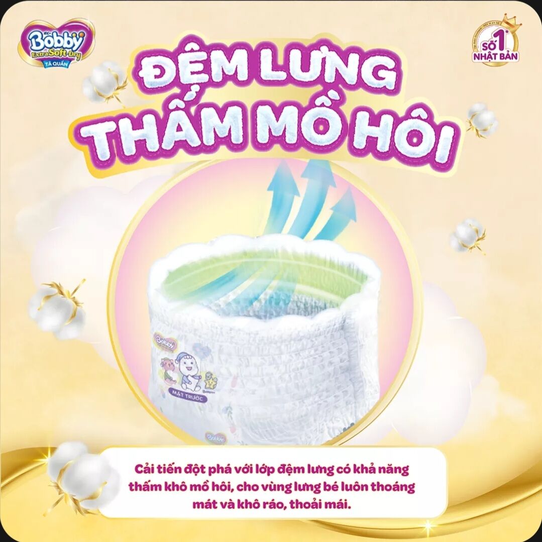 Tã quần Bobby Extra soft cao cấp L52+2 Thun chân ngăn hằn
