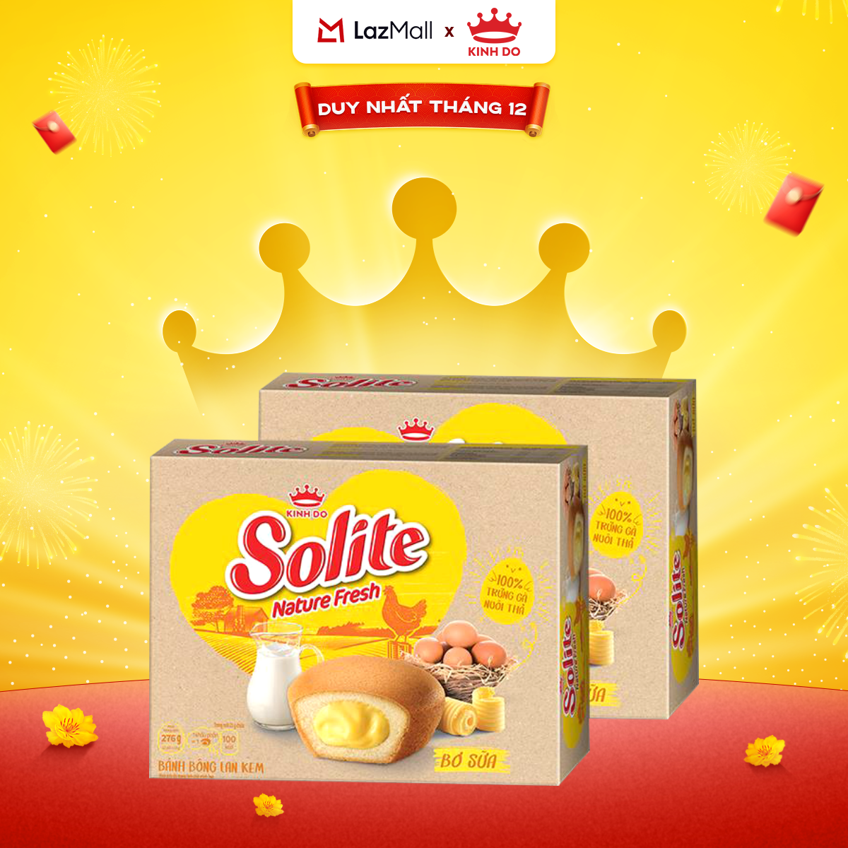  Bánh Bông Lan Solite Nature Fresh Kem Bơ Sữa Được Làm Từ 100% Trứng Gà Nuôi Thả Combo 2 Hộp X 276G 