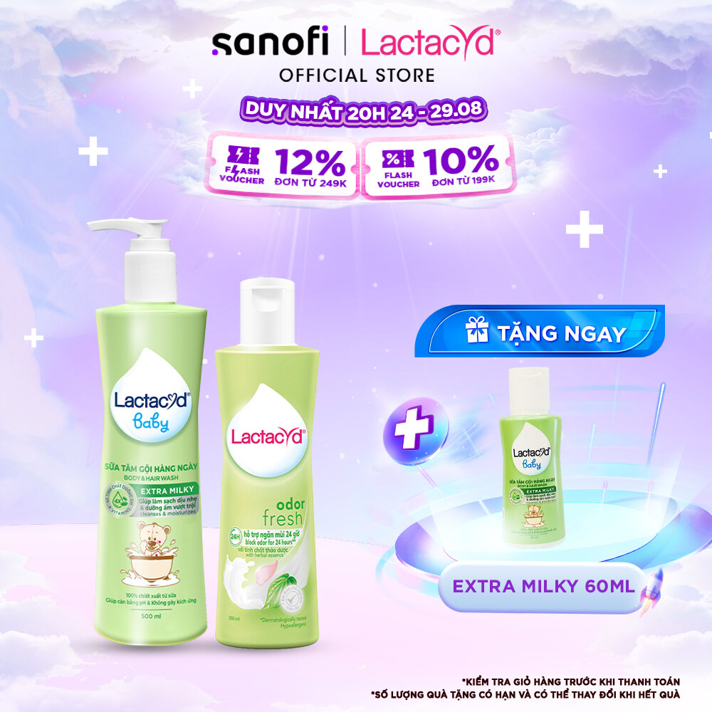 Bộ Dung Dịch Vệ Sinh Phụ Nữ Lactacyd Odor Fresh Ngăn Mùi 24H 250ml + Sữa Tắm Gội Trẻ em Lactacyd Baby Extra Milky 500ml