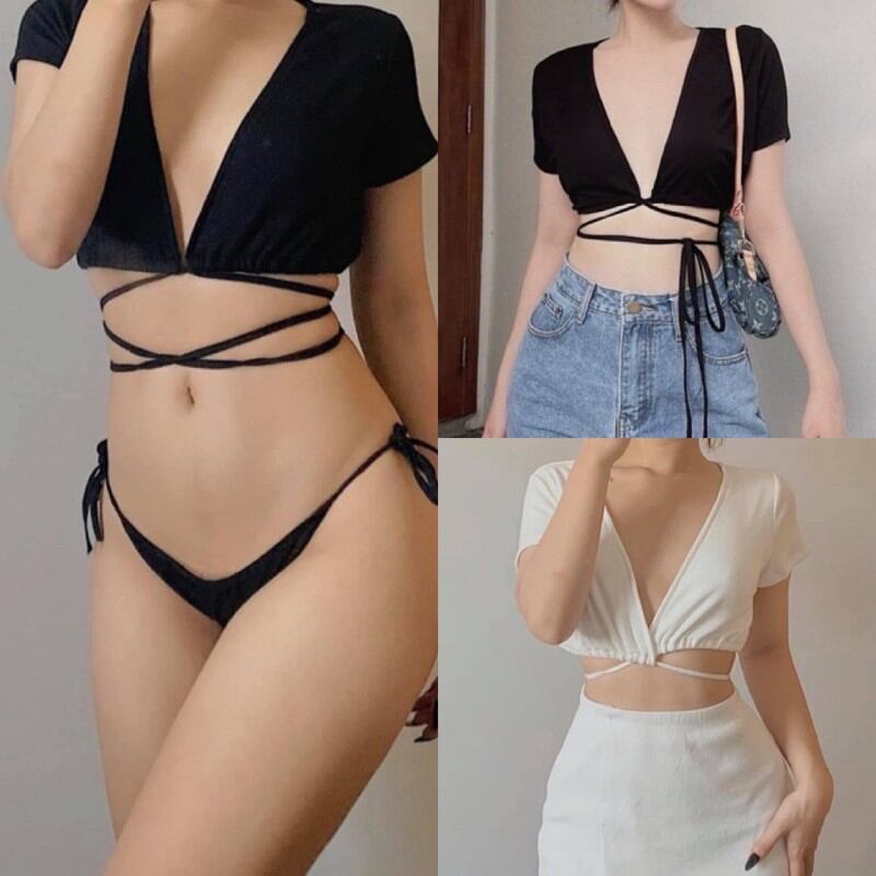 Áo Đắp Chéo Dây Quấn Eo Tay Ngắn Sexy