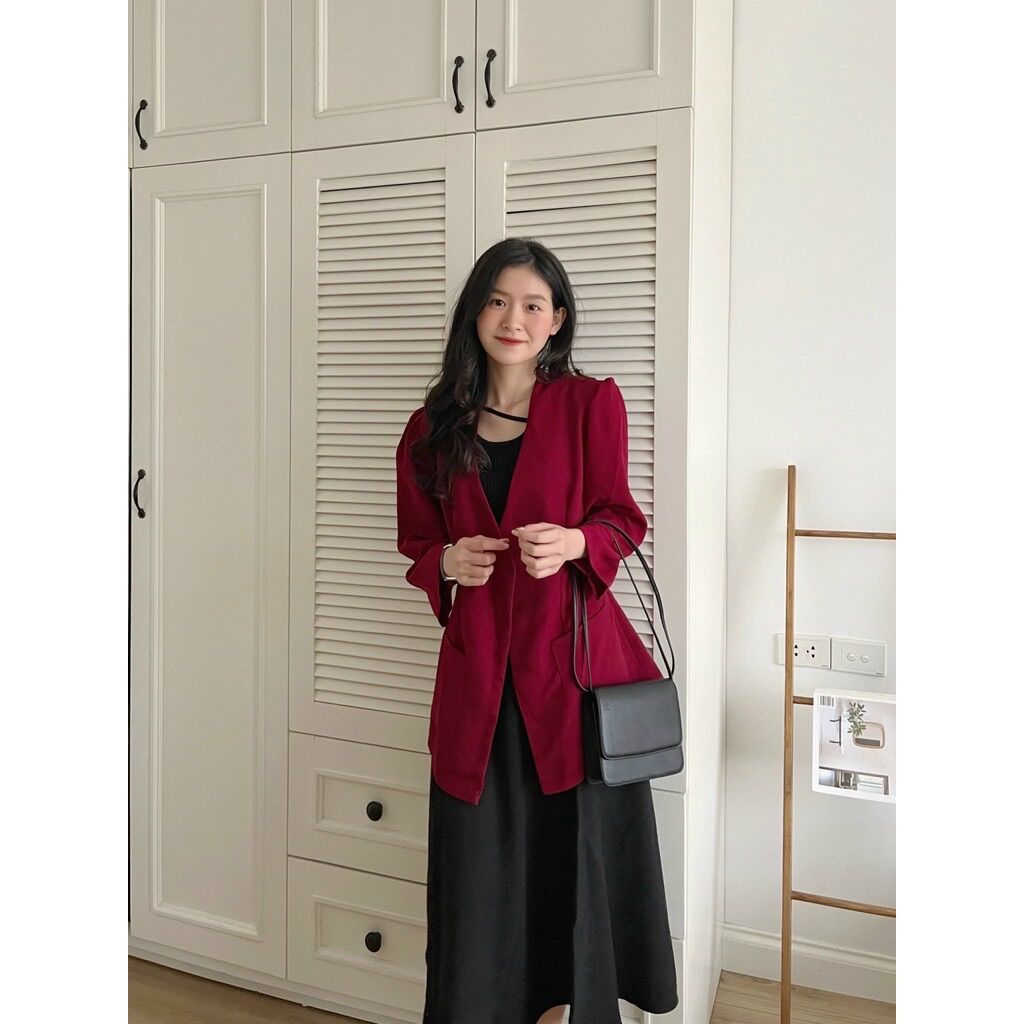 Yu cherry | áo khoác nữ không cổ, có túi neckless button blazer ya391