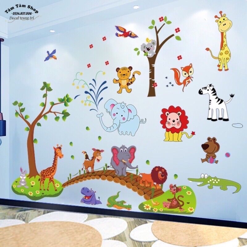 Decal dán tường cho bé thước đo hươu và con vật