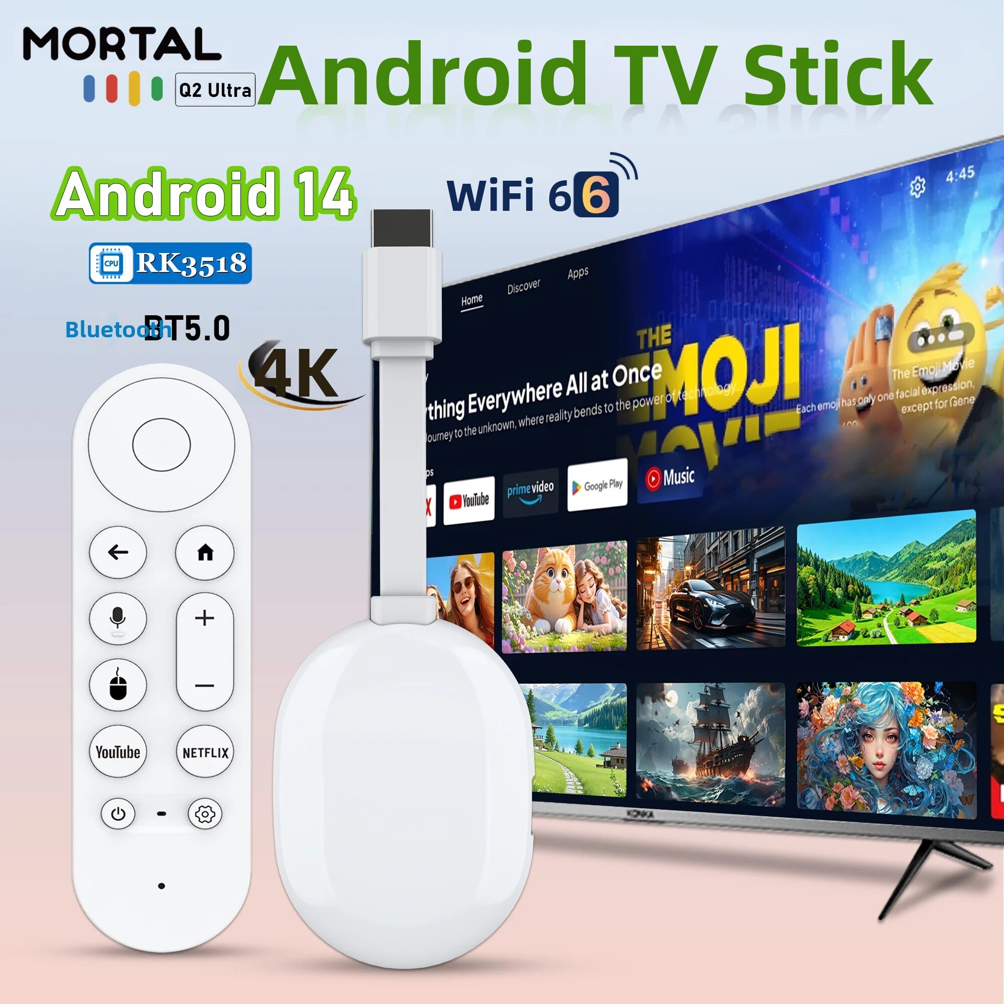 Thiết Bị Phát Trực Tuyến Đa Phương Tiện Thông Minh MORTAL Q2 Ultra TV Stick 4K HD Android 14 WiFi 6 BT5.0 Điều Khiển Bằng Giọng Nói RK3518
