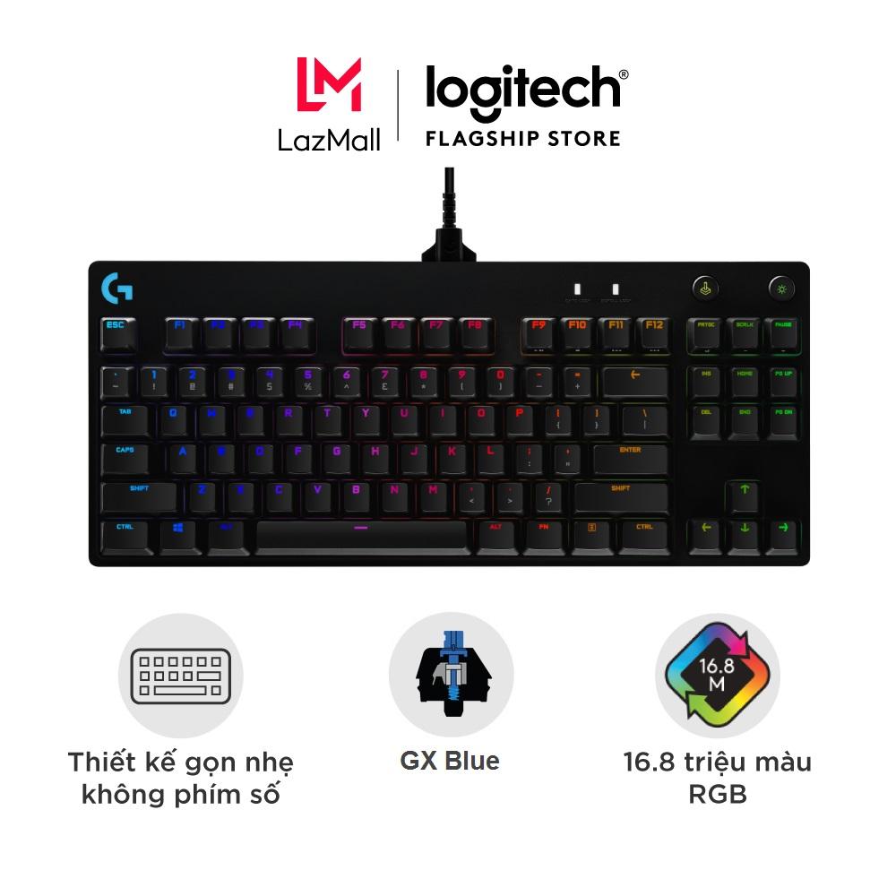 Bàn phím game cơ học Logitech Pro X - Không phím số, nhỏ gọn, switch GX có thể hoán đổi, RGB Lightsync