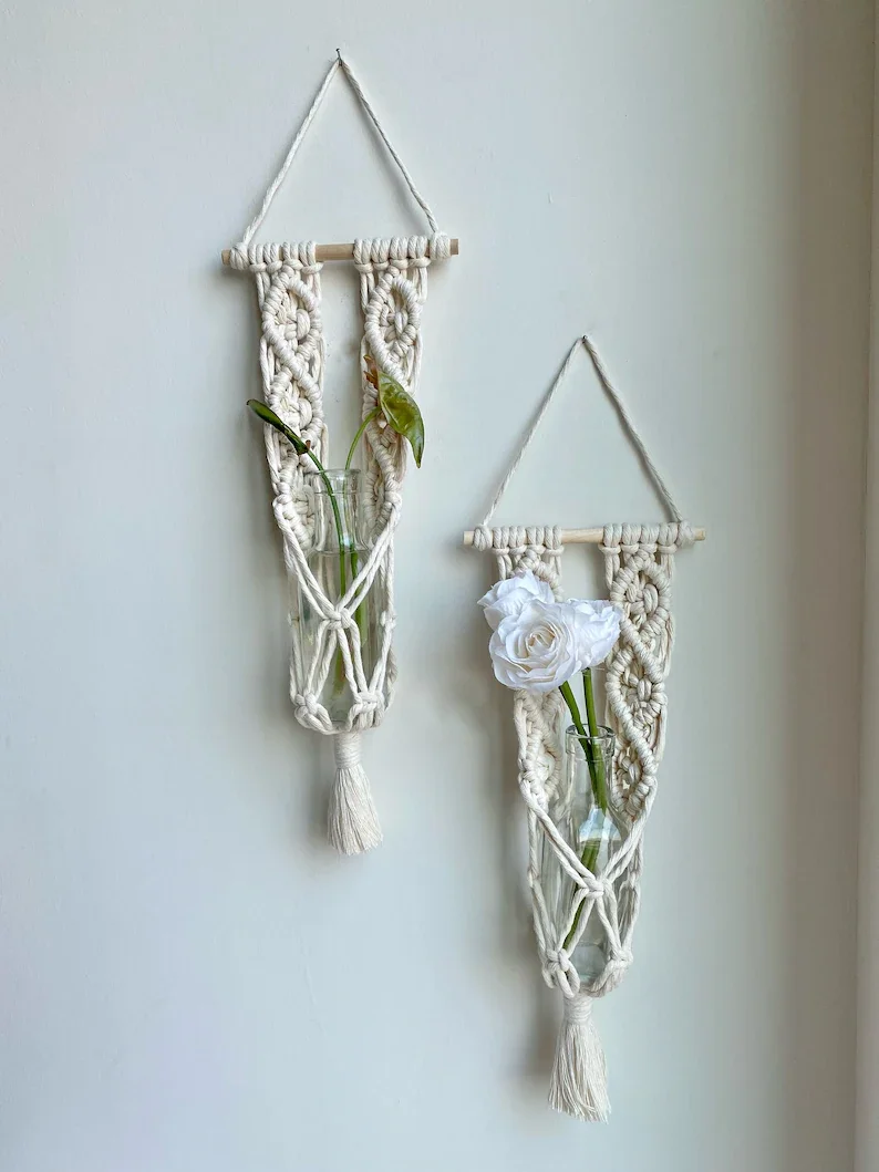 Set 2 dây tết macrame handmade treo trang trí tường lọ cây cảnh, đèn led bỏ lọ thủy tinh
