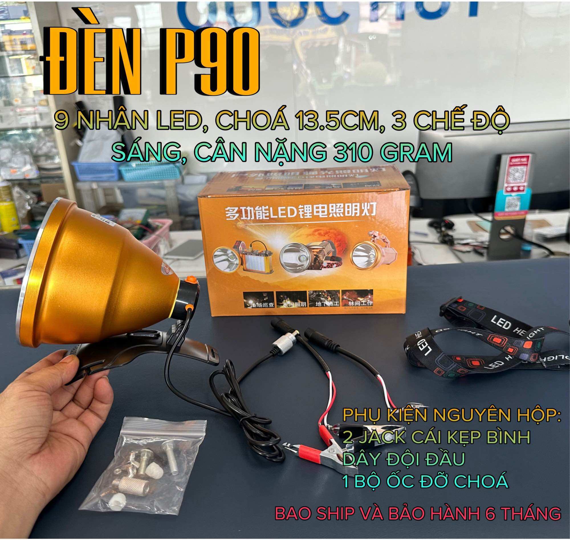 Đèn led đội đầu soi nấm mối p90 phiên bản 2024 9 nhân led