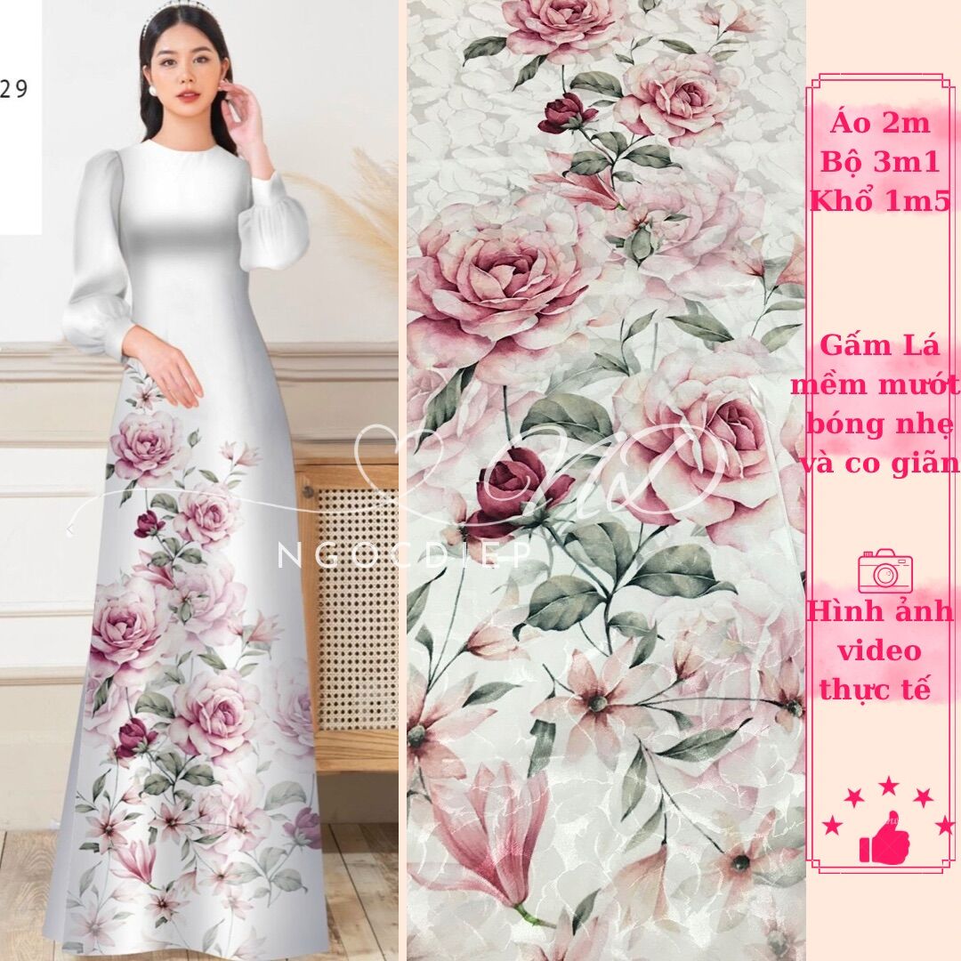 Vải áo dài gấm lá hoa hồng ngọt ngào 3d