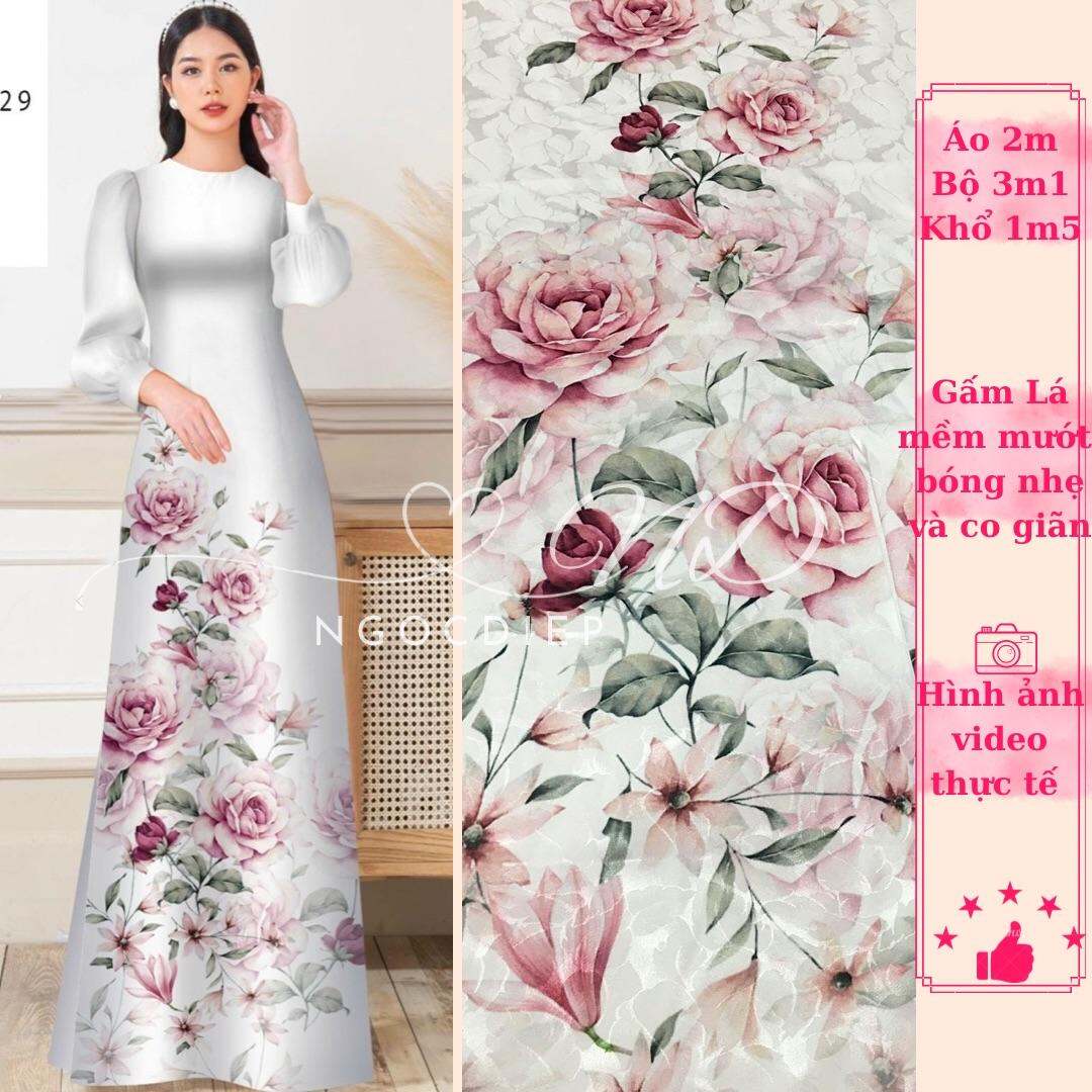 Vải Áo Dài Gấm Lá Hoa Hồng ngọt ngào 3D