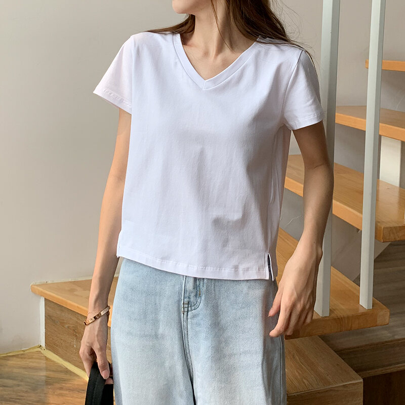 Áo Phông Nữ Ngắn Tay Kiểu Instagram Phong Cách Hàn Quốc, Trang Phục Mùa Hè Cotton, Áo Tay Lửng Kiểu Ngắn Tôn Dáng Dễ Phối Màu Trắng Xẻ Tà Thiểu Số Cổ Chữ V