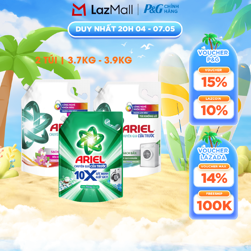 Combo 2 Nước Giặt Cửa Trước ARIEL Ngăn Lem Màu, Quần Áo Siêu Thơm Hương Downy Nắng Sớm/ Hương Sen Nhài/ Oải Hương Túi 3.9KG/ 3.7KG