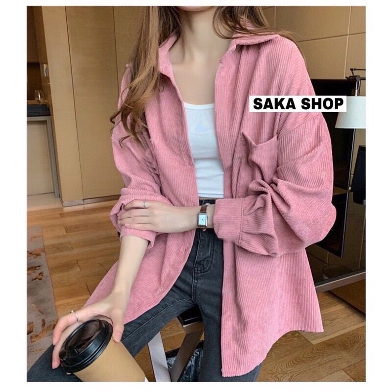Áo sơ mi nhung tăm nữ nam unisex dáng rộng tay dài phồng