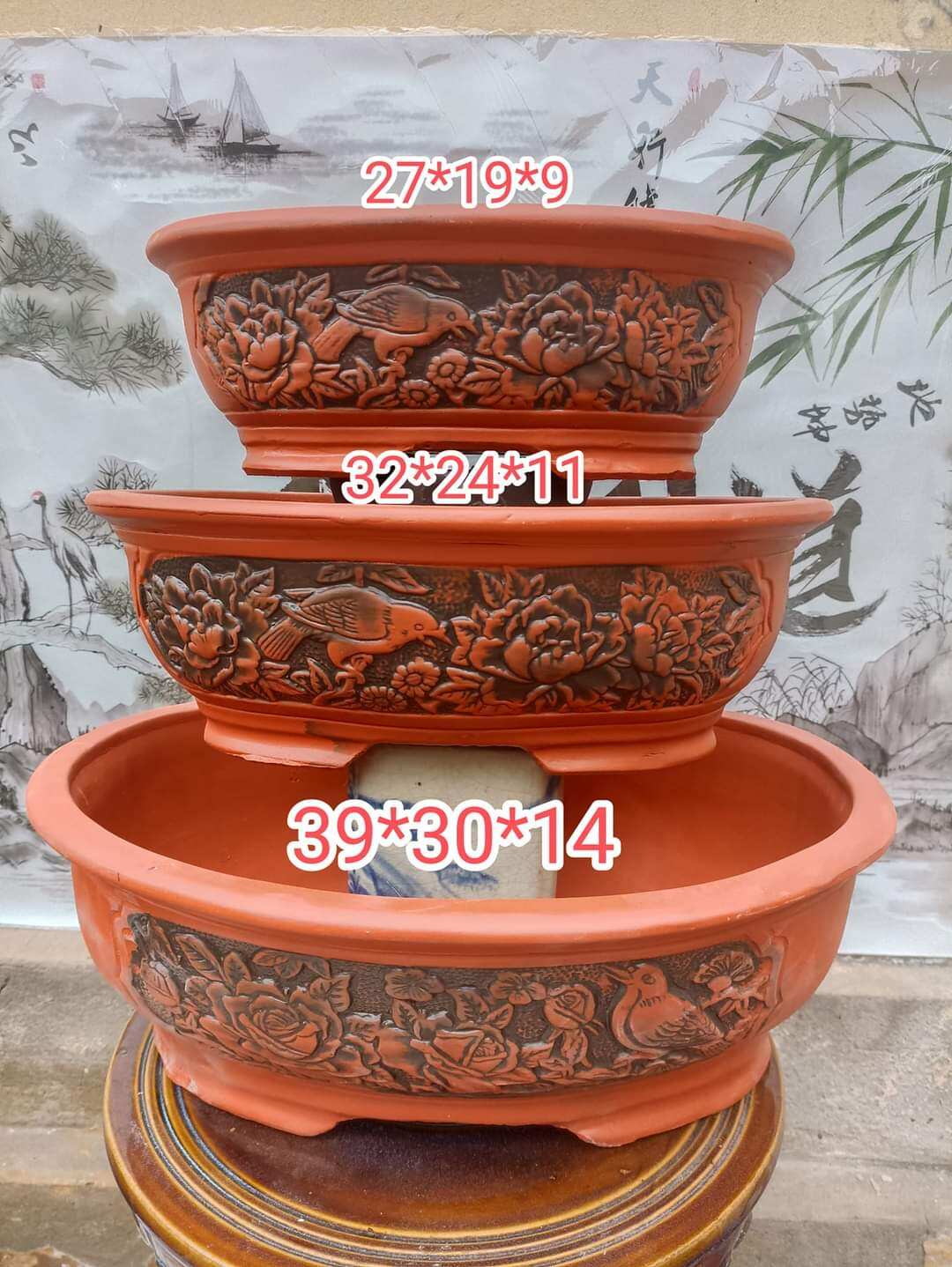 bộ 3 chậu ovan chim hoa phú quý