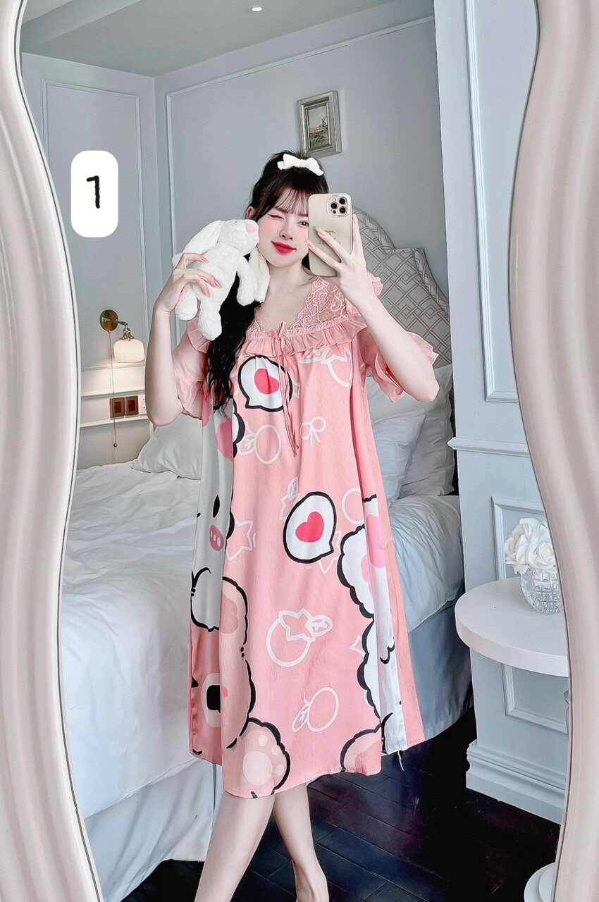 Đầm ngủ lụa xước phối ren hình cute. Freesize 45-60kg