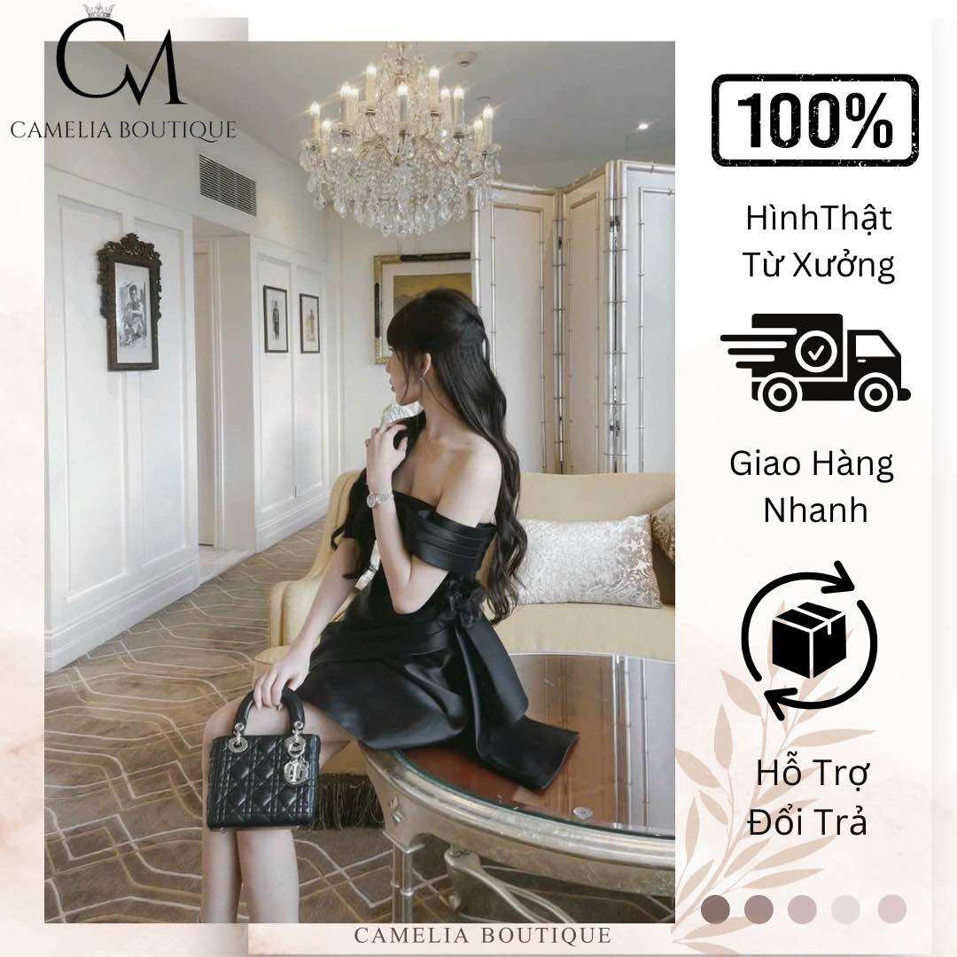 CAMELIA BOUTIQUE- Đầm trễ vai xếp eo hoa KTCS200