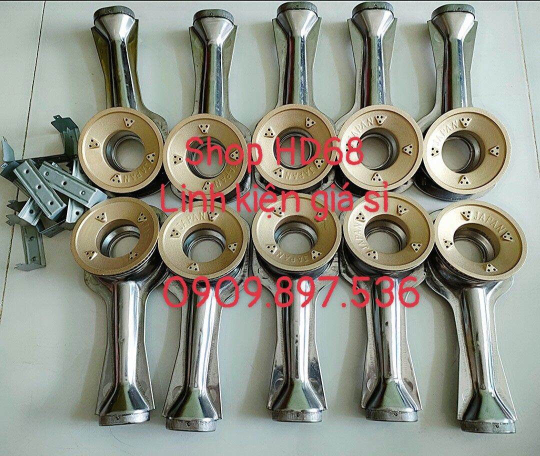 Giá sỉ 10 Bộ đầu đốt bếp gas 10 họng điếu inox, 10 sen chia lửa bằng đồng thau, 10 pas đỡ KT 7.8cm, dài 19.5cm dùng cho bếp gas dương