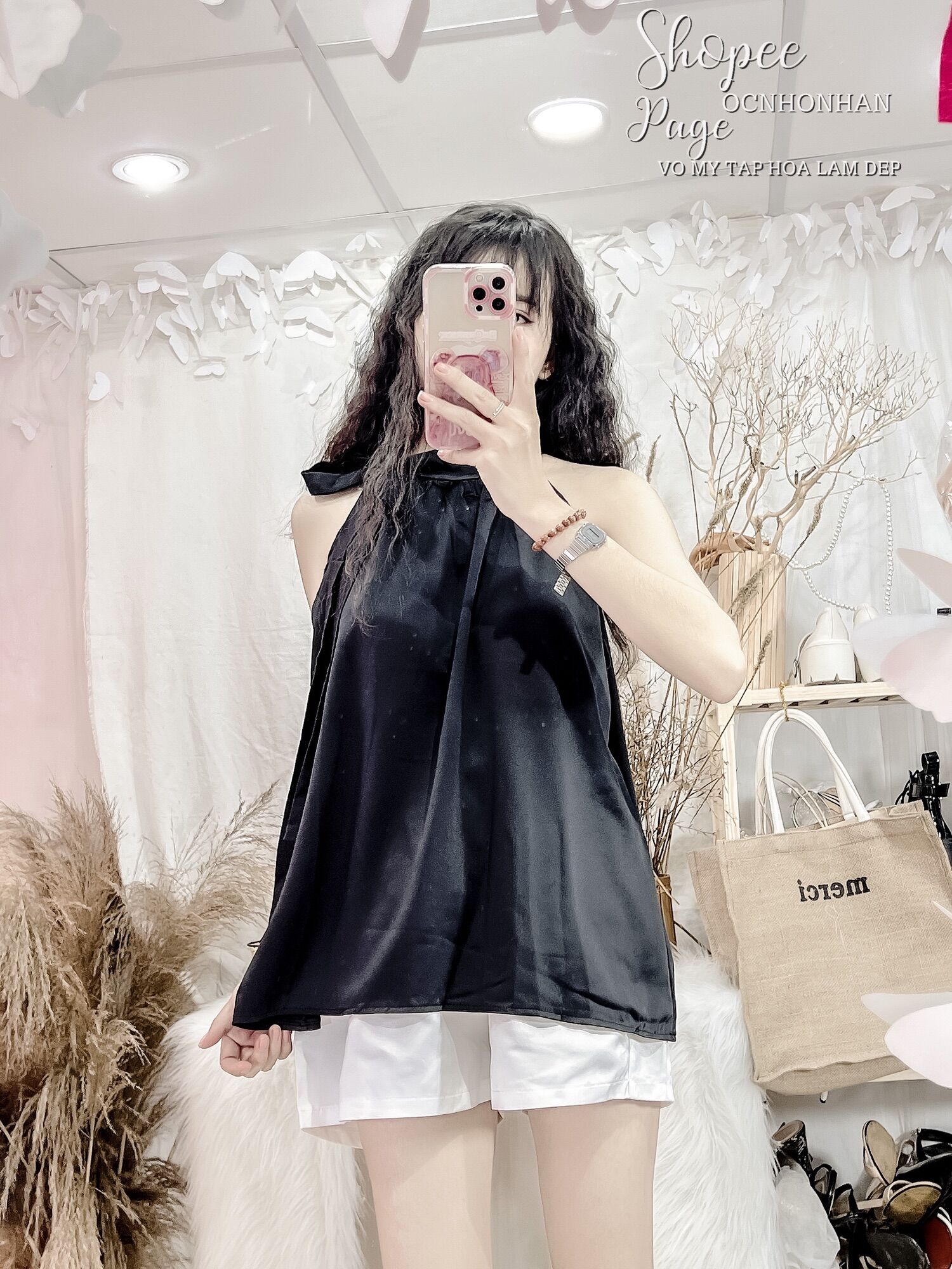 set áo yếm lụa cột nơ rời phối quần short tafta