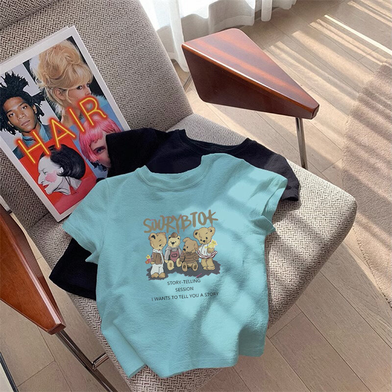 Áo Thun Cotton Tay Ngắn Mùa Hè Cho Bé Gái Màu Xanh Trời Thời Trang Trẻ Em Trung Niên Và Lớn Mặc Thường Ngày Chất Liệu Cotton Thoáng Khí