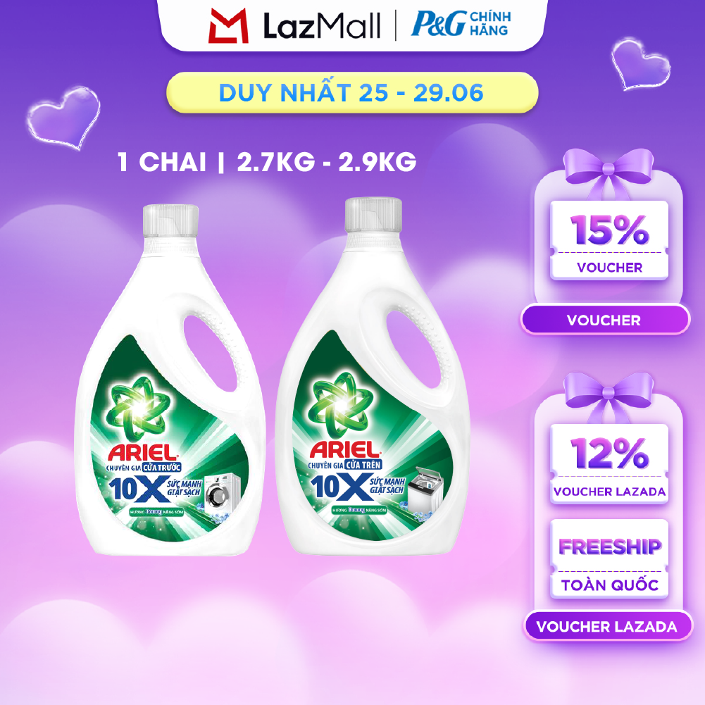 Nước Giặt Gel ARIEL 10X Sức Mạnh Giặt Sạch Chuyên Gia Cửa Trước/Cửa Trên Hương Downy Nắng Sớm Chai 2.7KG/2.9KG