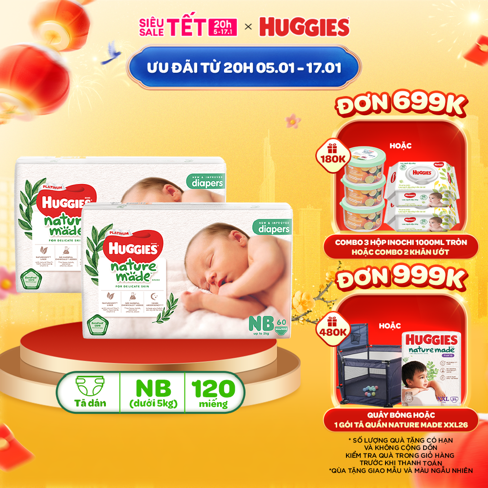 Combo 2 Tã/Bỉm dán sơ sinh Huggies Platinum NatureMade NB60 (dưới 5kg)-Gói Jumbo 60 miếng