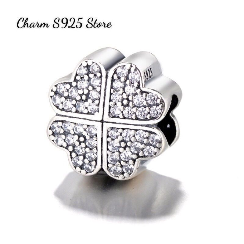 CHARM PAN ALE ĐÍNH ĐÁ CỎ 4 LÁ MAY MẮN BẠC S925