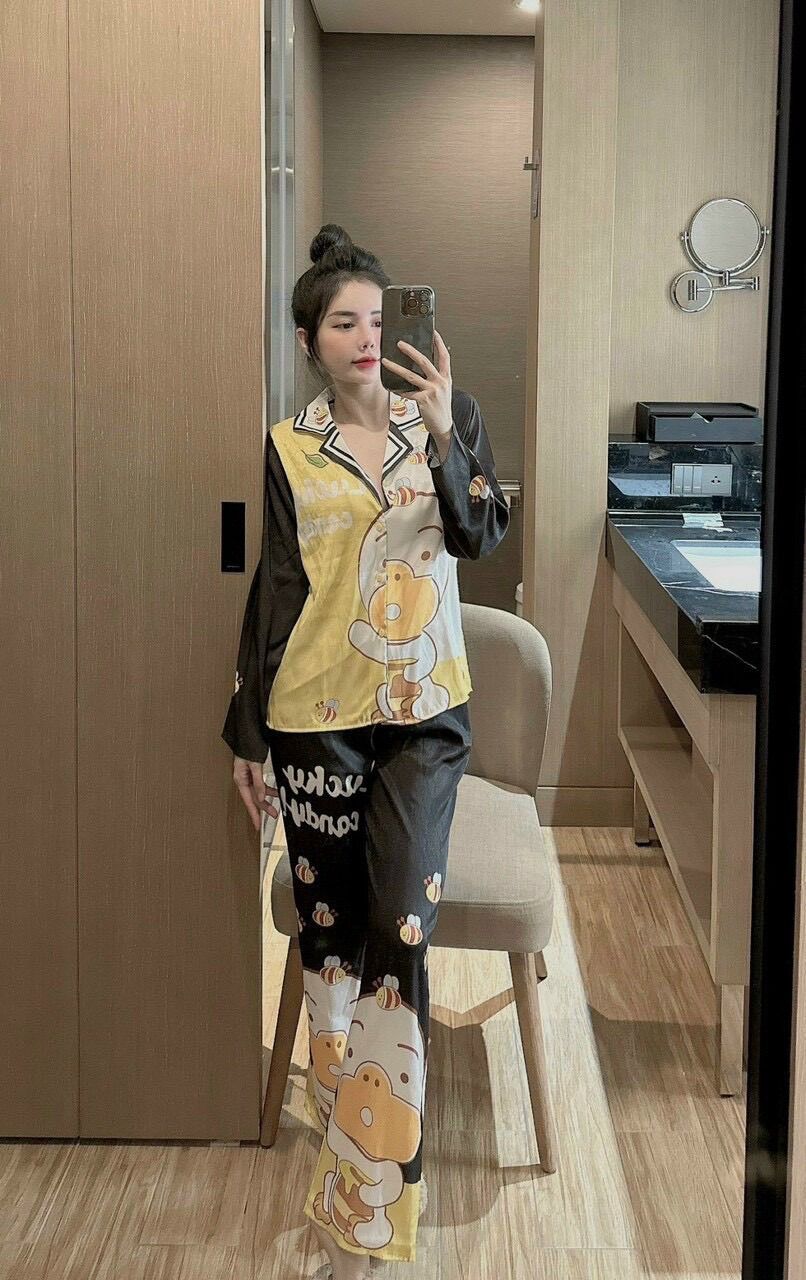 Bộ lụa xước CD queen 5D pijama quần dài áo tay dài vải dầy mịn mát