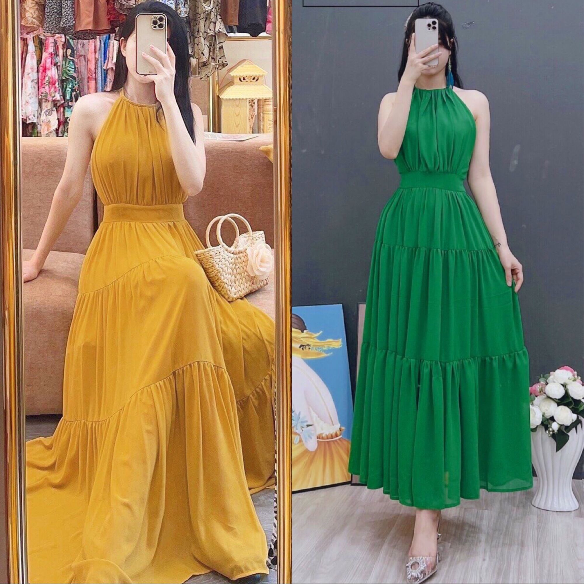 Đầm maxi yếm đi biển có mút ngực hai màu xanh vàng