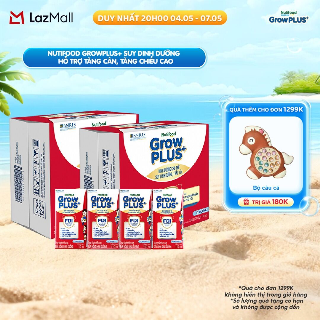 Combo 2 Thùng 24 hộp Sữa Nước Pha Sẵn Nutifood GrowPLUS+ Suy Dinh Dưỡng (Đỏ) - Hỗ Trợ Tăng Cân, Tăng Chiều Cao Ít đường 110ml - Trên 1 tuổi (Bao bì tùy đợt nhập hàng)