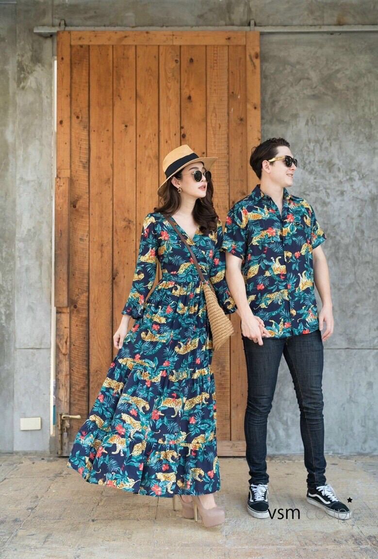 Set đồ đôi họa tiết cánh rừng, váy nữ maxi thích hợp đi biển, du lịch, dạo phố