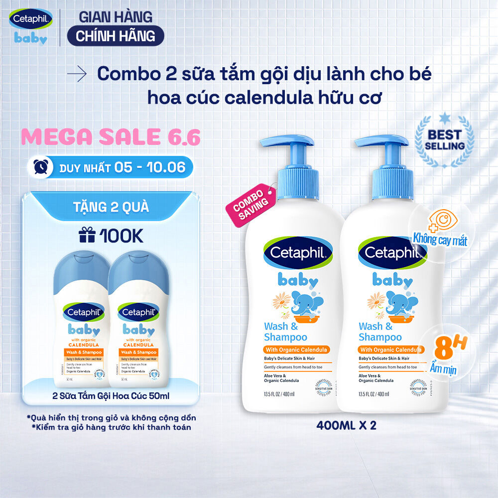 Combo 2 Sữa tắm gội dưỡng ẩm dịu lành cho bé với Calendula hoa cúc hữu cơ CETAPHIL BABY WSHAMPOO CALENDULA 400ML/Chai