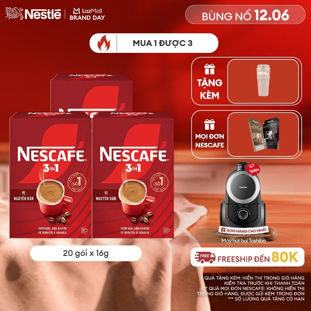 [ƯU ĐÃI THÁNG 6][Giao hàng toàn quốc] [CÔNG THỨC CẢI TIẾN] Combo 3 Hộp Cà phê Hòa tan NESCAFÉ VỊ NGUYÊN BẢN 20 gói - Đậm thơm hài hòa