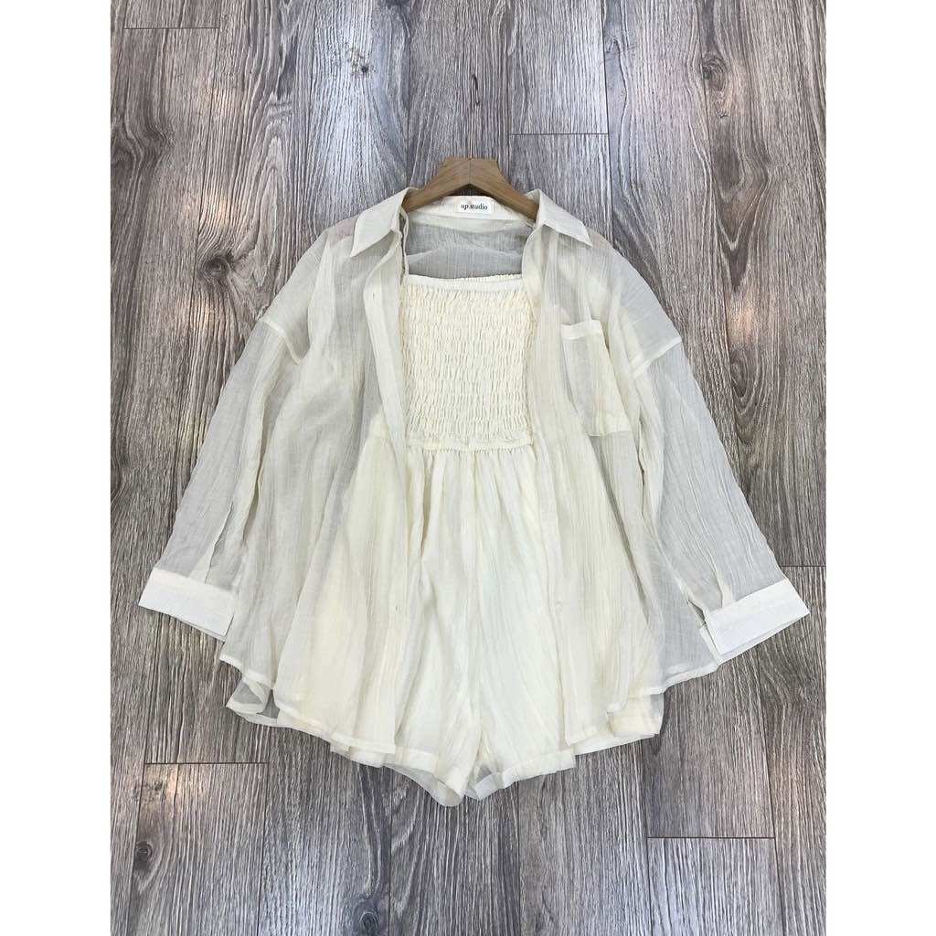 Set Jumsuit cộc kèm áo sơ mi chất tơ nhăn