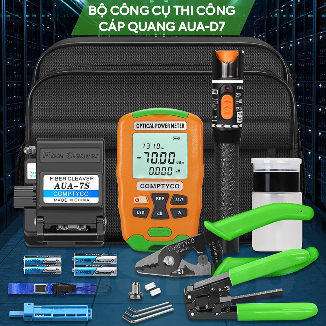 Bộ công cụ thi công cáp quang cao cấp AUA-D7 - chính hãng gồm máy đo công suất, dao cắt sợi quang, bút soi quang, dụng cụ quang, cáp quang