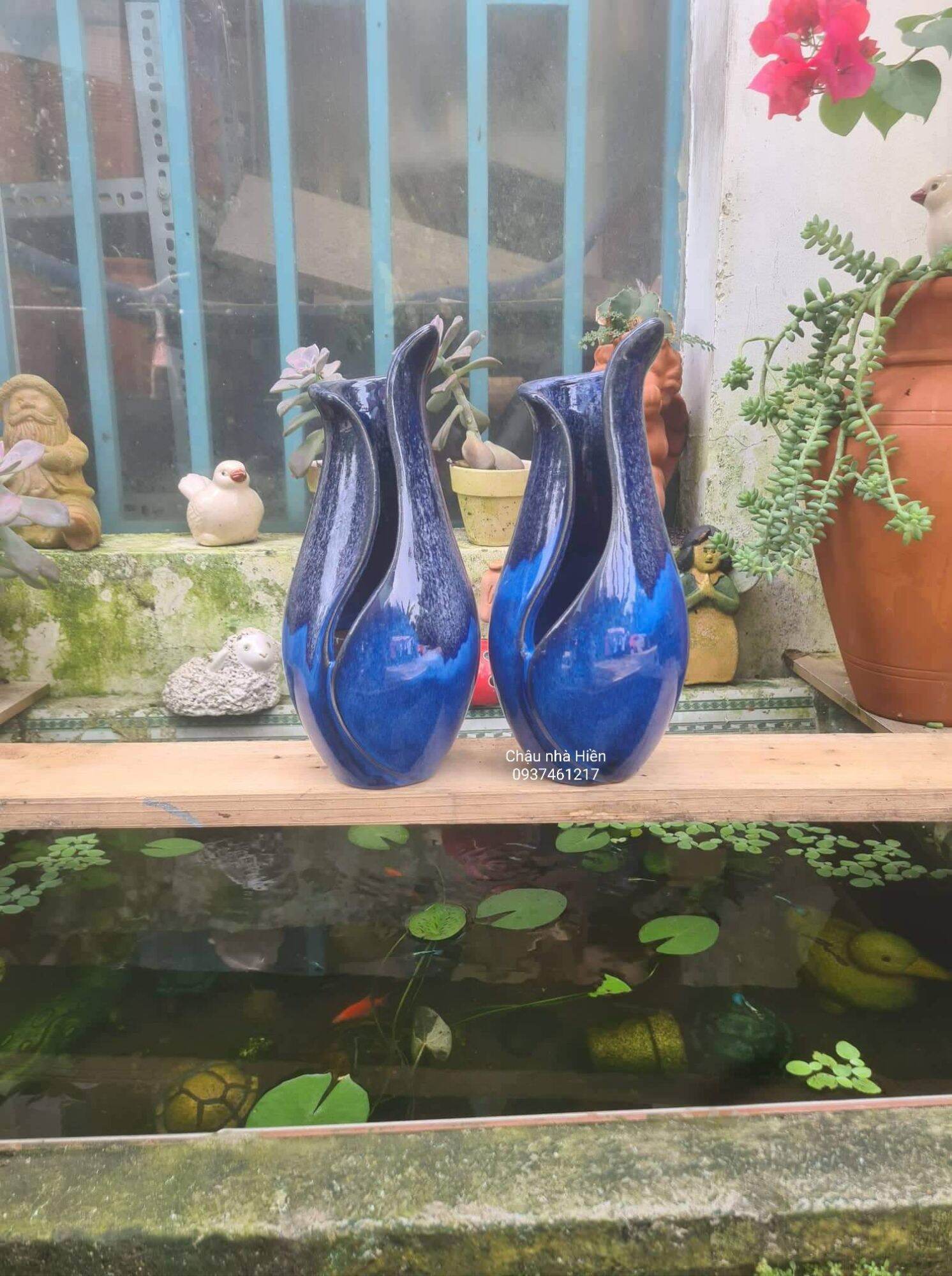 Chậu đất nung Bình Dương bình hoa xẻ tráng men xanh