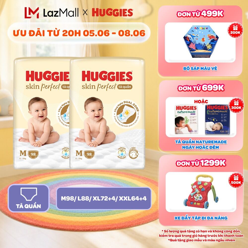 Combo 2 gói Tã quần Huggies Skin Perfect Mega Jumbo M98/L88/XL72+4/XXL64+4 miếng với 2 vùng thấm giảm kích ứng da