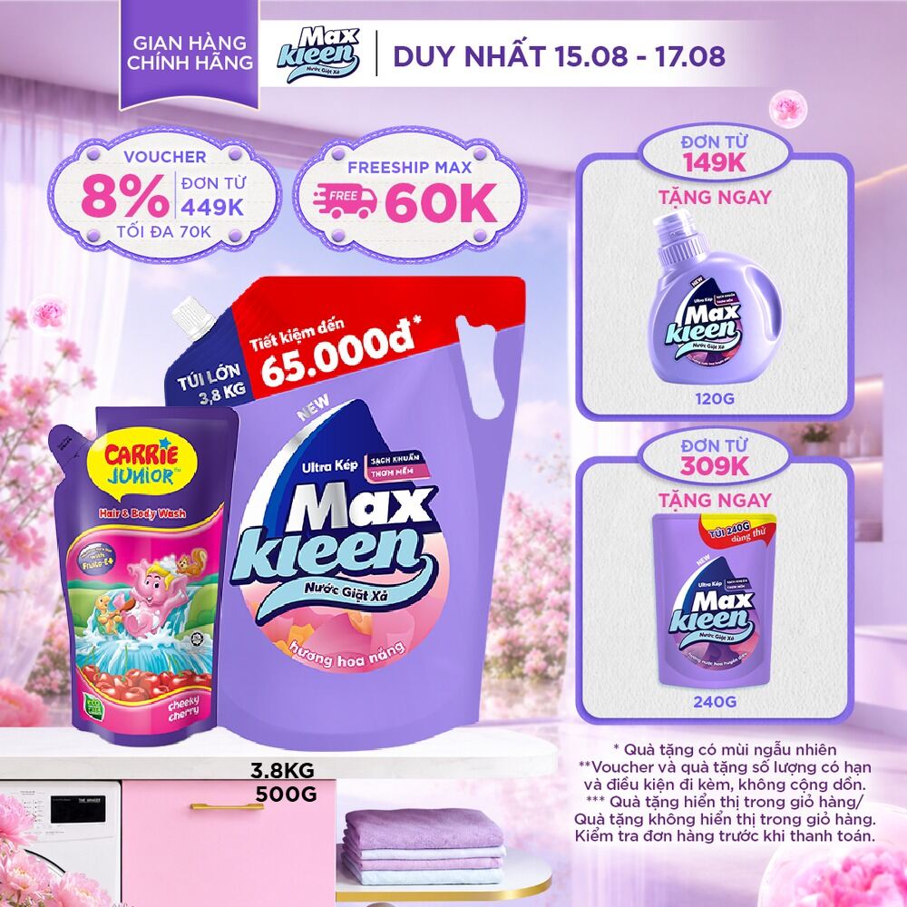 Combo Túi nước giặt MaxKleen 3.8kg + Túi sữa tắm cho bé Carrie Junior hương Cheeky Cherry 500g