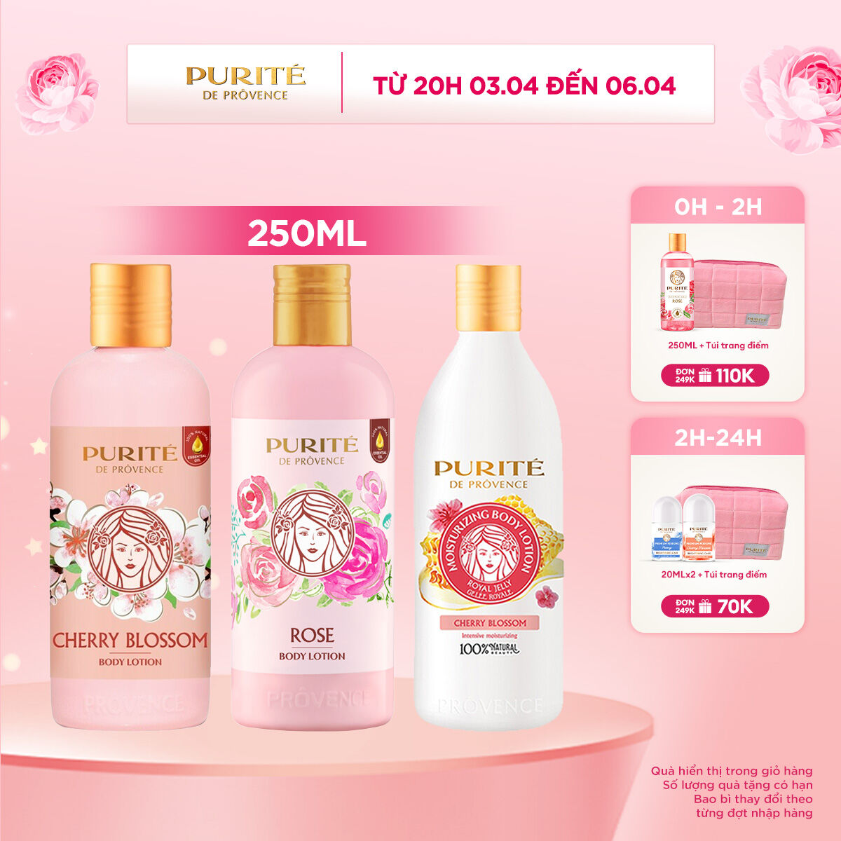 Sữa Dưỡng Thể Thiên Nhiên Purité Anh Đào / Hoa Hồng / Sữa Ong Chúa & Hoa Anh Đào 250ML