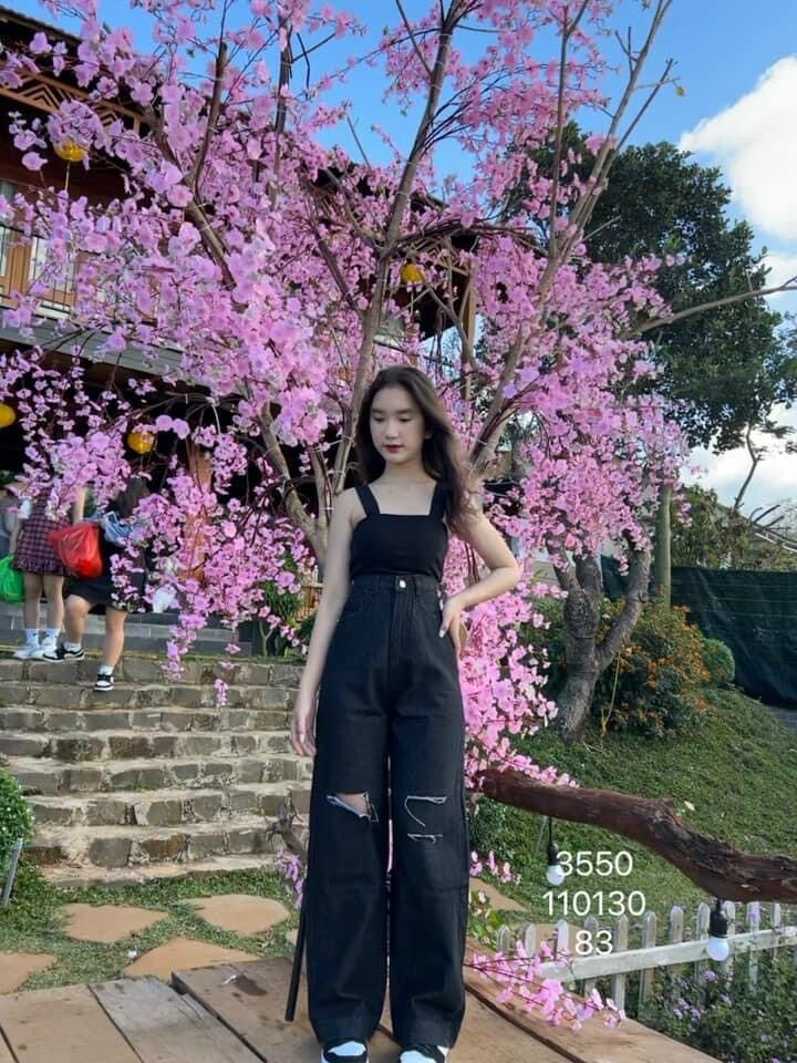 Set baggy jeans ống suông rách 3 + 2 dây ngang