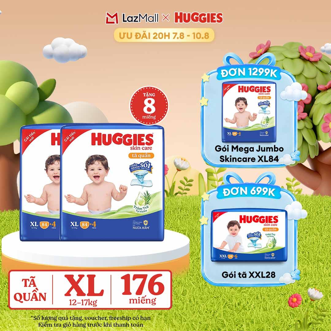 [20h 7-10.8 GIẢM THÊM 90K] Combo 2 Gói Tã/bỉm quần HUGGIES SKINCARE MEGA JUMBO size XL84+4 miếng