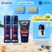 Bộ 3 Sản Phẩm Gồm 2 Xịt Ngăn Mùi NIVEA MEN Khô Thoáng (150 ml) - 81602x2 + Sữa Rửa Mặt NIVEA MEN Bùn Khoáng Kiểm Soát Nhờn | Ngừa Mụn | Sạch Sâu (100 g) - 83940