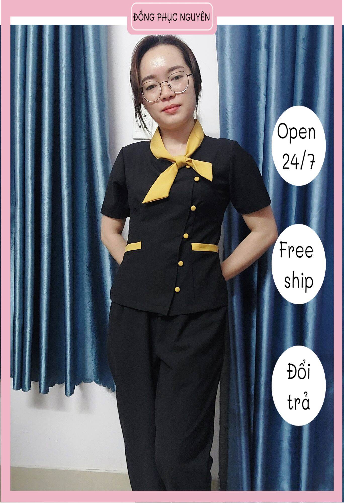 Đồng phục spa màu đen nơ vàng