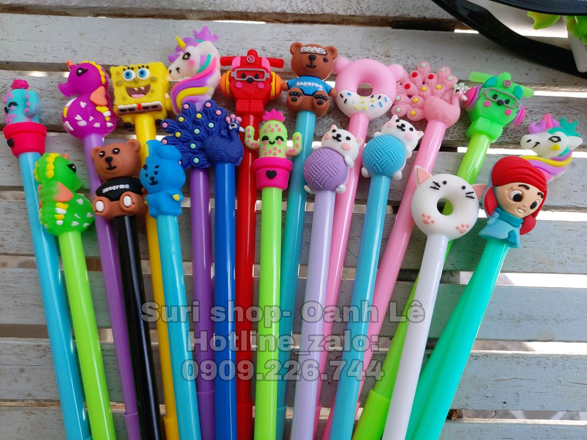 Set 10- 20 cây bút gel mực xanh đầu gắn thú hoạt hình dễ thương