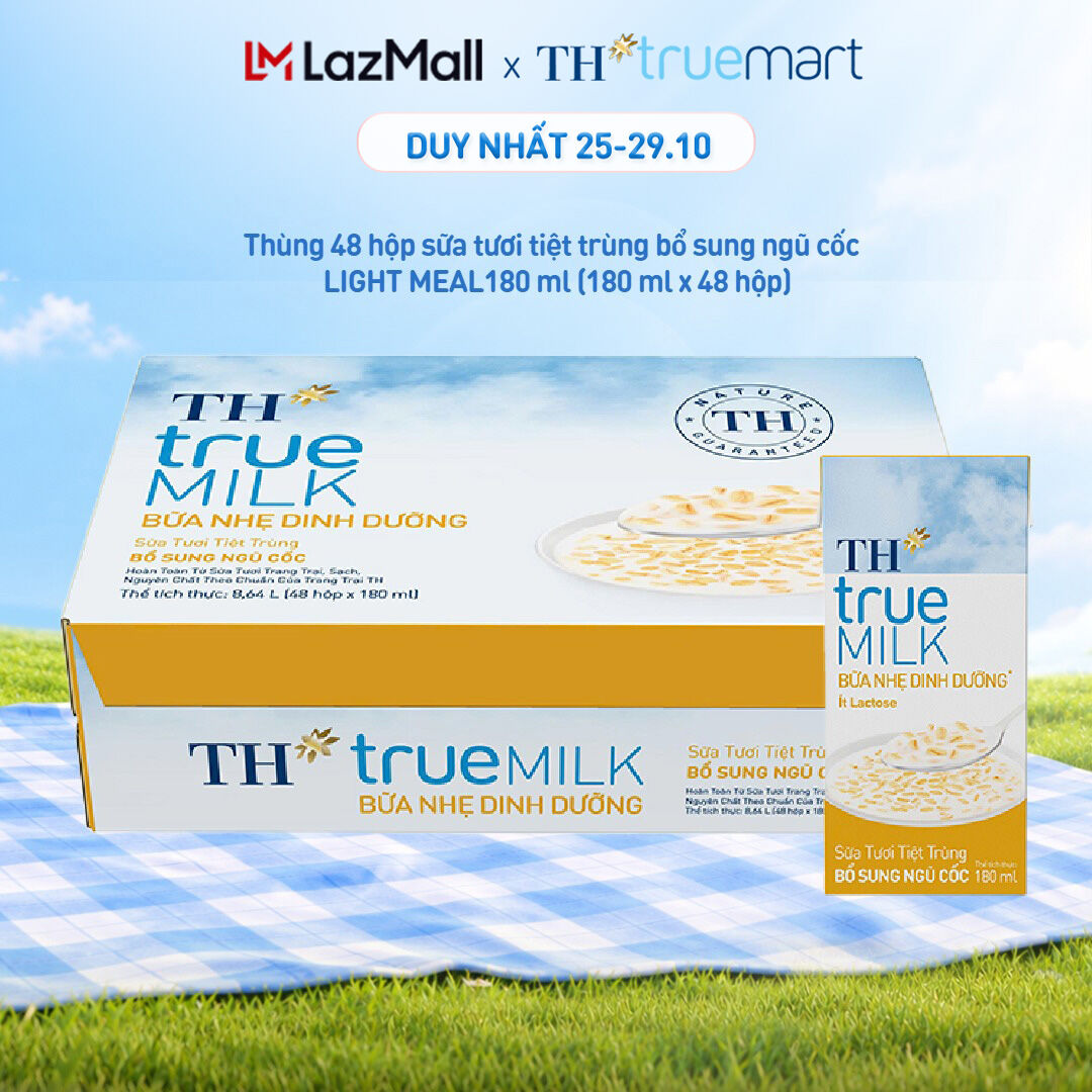 Thùng 48 hộp sữa tươi tiệt trùng bổ sung ngũ cốc TH true MILK LIGHT MEAL 180 ml (180 ml x 48)