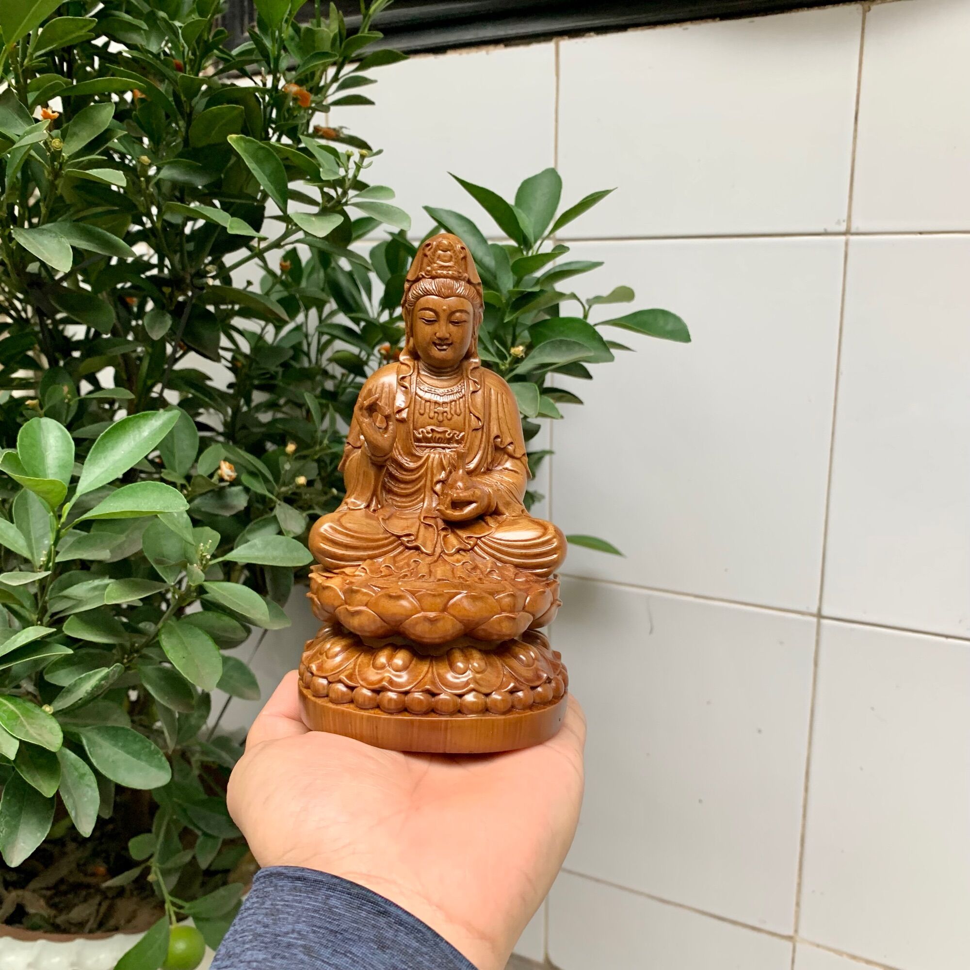Tượng Phật bà quan âm gỗ bách xanh cao 15 đường kính 9 cm