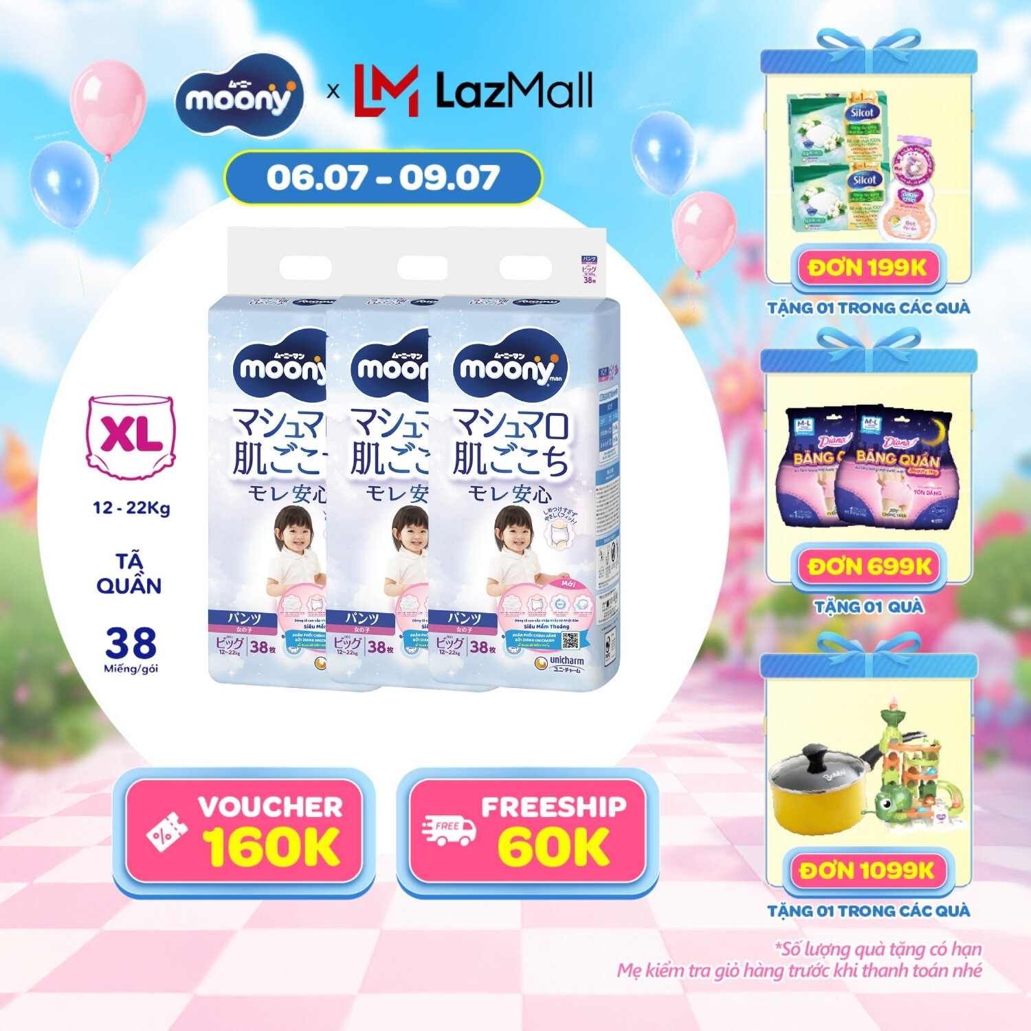 [SALE CUỐI THÁNG QUÀ SLCH] Combo 3 tã quần cao cấp Moony Bé Gái XL38 miếng - Nhập khẩu từ Nhật Bản